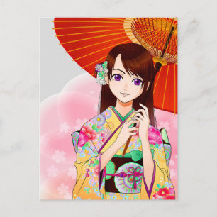 Cartão Postal Garota Bonita Em Kimono Floral Rosa Com Guarda-Chu