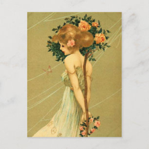 Cartão Postal Garota Bonito Vintage com Rosas Rosa e Borboleta