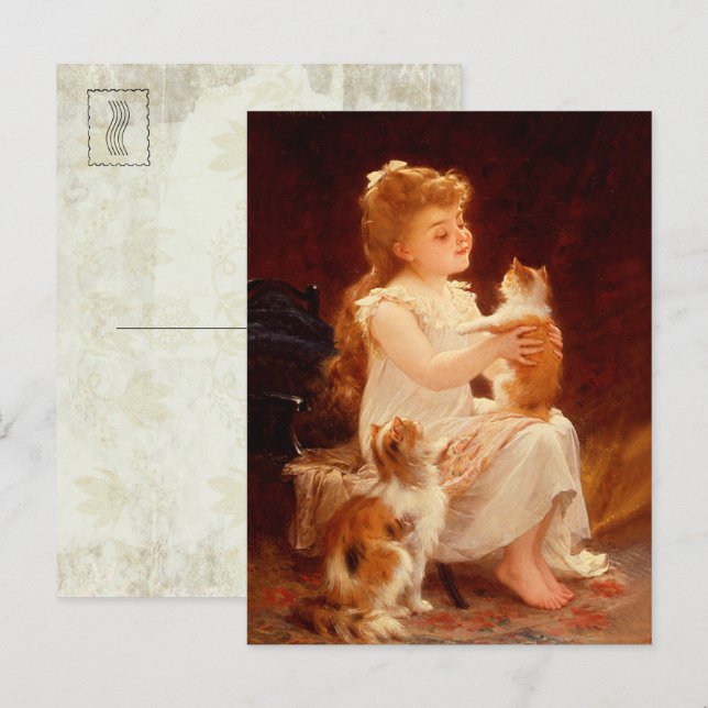 Cartão Postal Garota brincando com o gatinho (1893) (Frente/Verso)