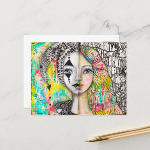 Cartão Postal Garota Colorida Jester Black White Divertido Arte 