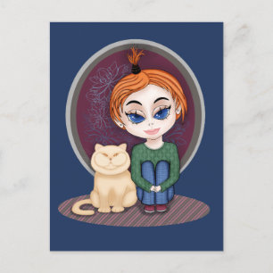 Cartão Postal Garota com Cat. Estilo Chibi. Sobre Amigos Verdade
