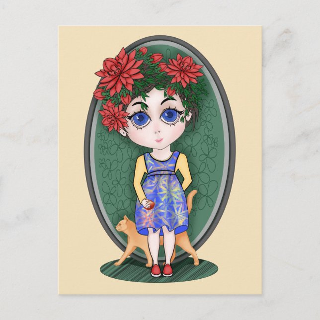 Cartão Postal Garota com gato e maçã vermelhos. Estilo Chibi. (Frente)
