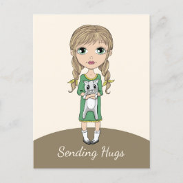 Cartão Postal Garota com Gato Enviando Abraços