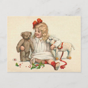 Cartão Postal Garota com Ursinho e Lamb
