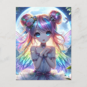 Cartão Postal Garota de Anime Cabelo Arco-íris Cantando Fada da