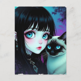 Cartão Postal Garota de Anime e Gato Siames | Dizendo Olá