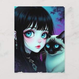 Cartão Postal Garota de Anime e Gato Siames   Dizendo Olá