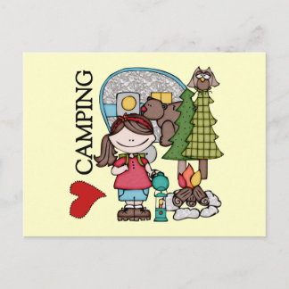 Cartão Postal Garota de Cabelo Castanho Eu Amo Acampar