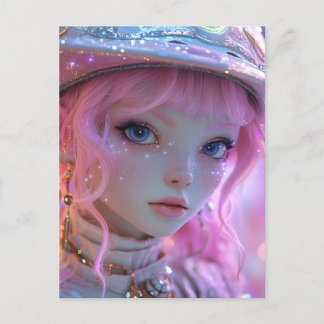 Cartão Postal Garota de Cabelo Rosa Bonita