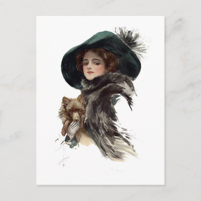 Cartão Postal Garota de Harrison Fisher  com um chapéu azul-turq (Frente)