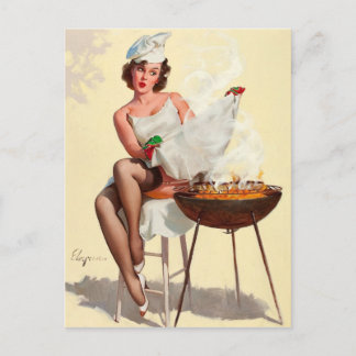 Cartão Postal Garota de Pin-Up do Barbecue