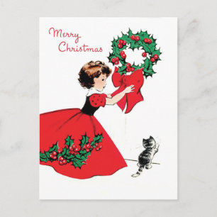 Cartão Postal Garota de vestido vermelho com coroa de Natal e ga