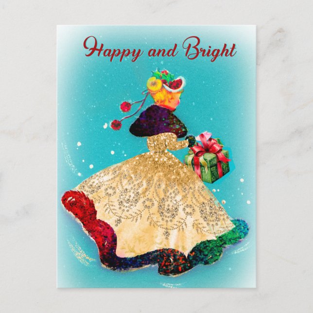 Cartão Postal Garota dourada da caixa de presentes de natais vin (Frente)