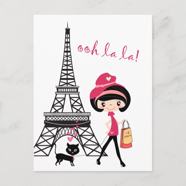 Cartão Postal Garota e gato bonitos na Torre Eiffel de Paris (Frente)