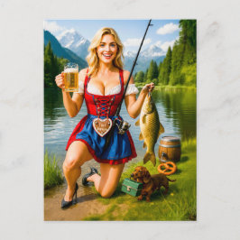Cartão Postal Garota engraçada pescando com traje tradicional bá