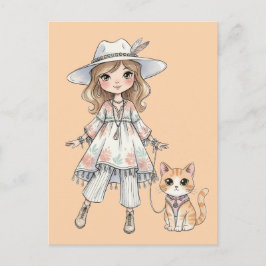 Cartão Postal Garota fashionista passeando com seu gato