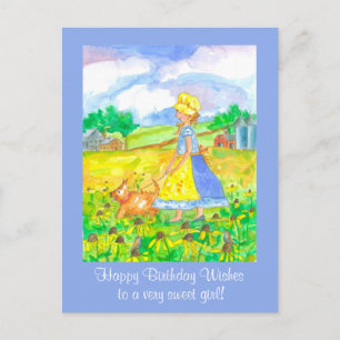 Cartão Postal Garota Fazenda de Prairie Andando Um Feliz Anivers