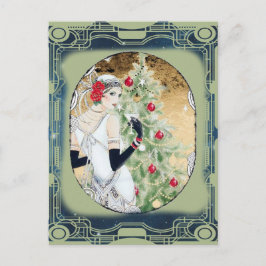 Cartão Postal Garota Flapper de Natal com Bebida e Árvore