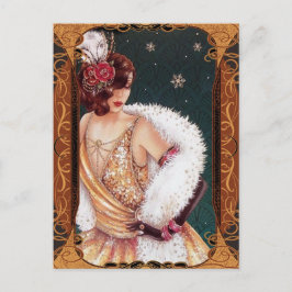 Cartão Postal Garota Flapper de Natal em um Vestido Dourado Bril