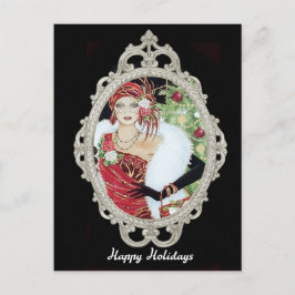 Cartão Postal Garota Flapper de Natal Vestido Vermelho e Dourado