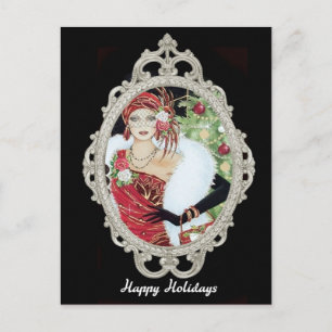 Cartão Postal Garota Flapper de Natal Vestido Vermelho e Dourado