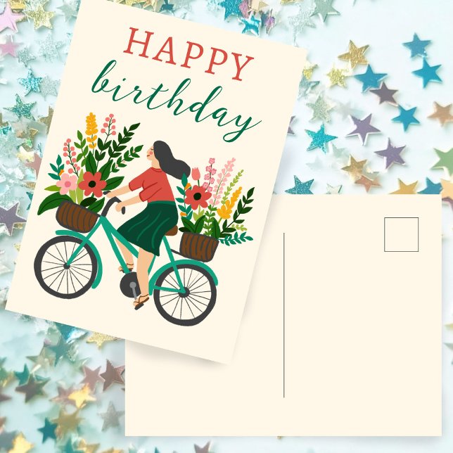 Cartão Postal Garota Fofa Andando de Bicicleta com Flores Feliz  (Cute Girl Riding Bicycle w Flowers Happy Birthday Postcard
)
