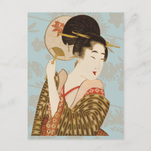 Cartão Postal Garota Geisha Japonesa Vintage em Kimono com venti
