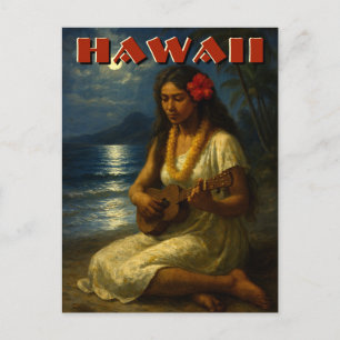 Cartão Postal Garota Havaiana Retro & Ukulele na Praia ao Luar