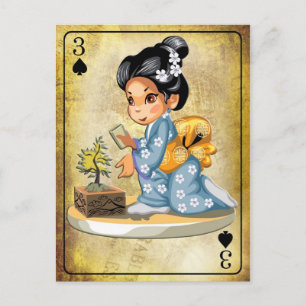 Cartão Postal Garota japonesa em quimono regando uma árvore bons