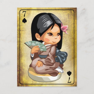 Cartão Postal Garota japonesa em quimono segurando fã