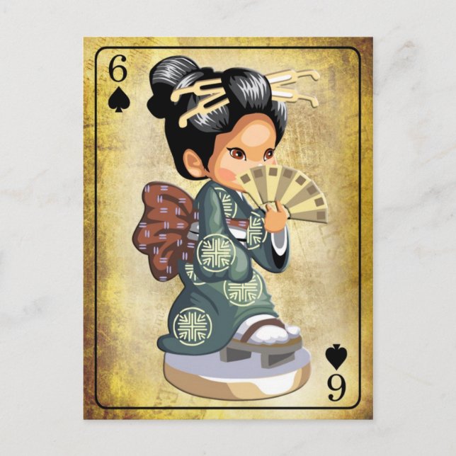 Cartão Postal Garota japonesa em quimono segurando fã (Frente)