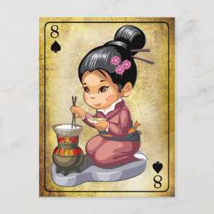 Cartão Postal Garota japonesa no arroz cozinhar quimono