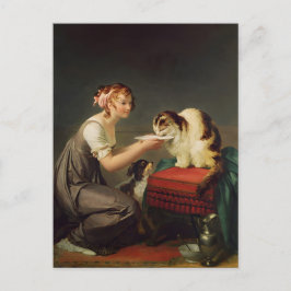 Cartão Postal Garota Jovem Dando Leite à Sua Arte Gato