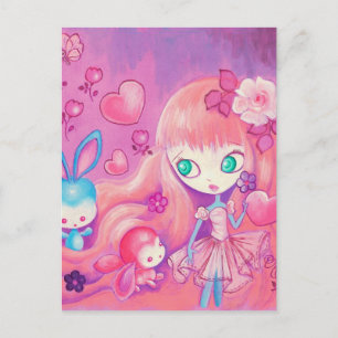 Cartão Postal Garota Kawaii com coelhos bonitos