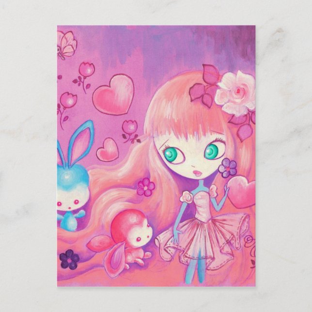Cartão Postal Garota Kawaii com coelhos bonitos (Frente)