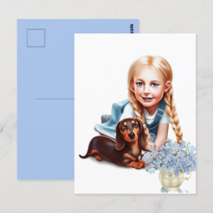 Cartão Postal Garota Loira com Dachshund Puppy