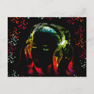 Cartão Postal Garota ouvindo Fones de ouvido de música Neon Col