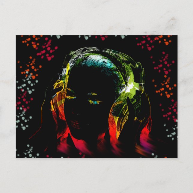 Cartão Postal Garota ouvindo Fones de ouvido de música Neon Colo (Frente)