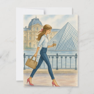 Cartão Postal Garota Parisiense Chique pelo Louvre