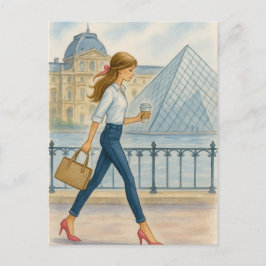 Cartão Postal Garota Parisiense Chique pelo Louvre