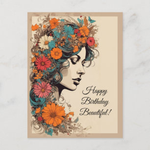 Cartão Postal Garota retrô com flores no cabelo