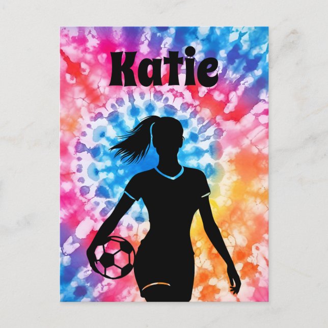 Cartão Postal Garota Soccer Personalizou o Aquarelle Tie Dye Rai (Frente)