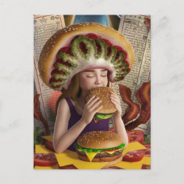Cartão Postal Garota surreal esquisita com um cheeseburger bacon