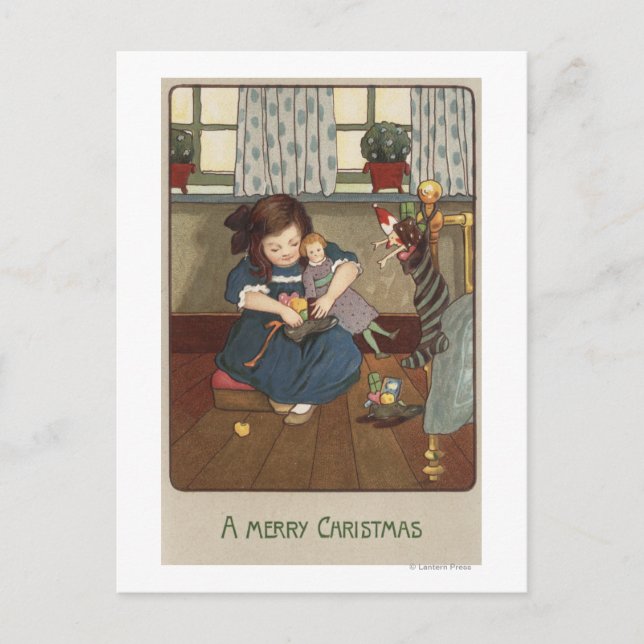 Cartão Postal Garota verificando seu Cheio Calçado de Goodies (Frente)