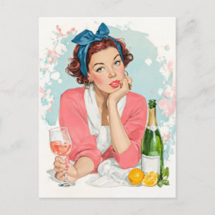 Cartão Postal Garota Vintage com Champanhe Rosa