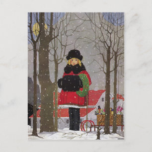 Cartão Postal Garota Vintage de Inverno na Neve Natal
