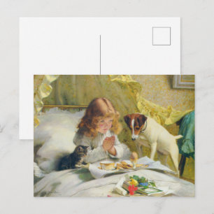 Cartão Postal Garota Vintage Rezando com Arte de Gato e Cachorro