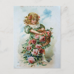 Cartão Postal Garota Vitoriana com Rosas