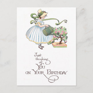 Cartão Postal Garota Watering Bonsai Vintage Aniversário