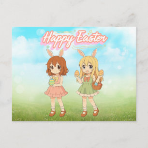 Cartão Postal Garotas fofas de anime coelhinhas da Páscoa